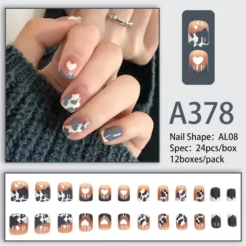 Short Square Press On Nails Cow Print And Heart Pattern White Blue Color Cute Style Detachable Artificial Fingernails With Glue