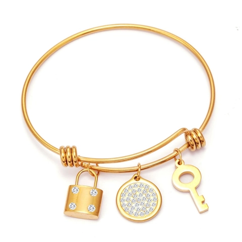 Brazalete Ajustable De Acero Inoxidable Para Mujer Chapado En Oro Plata Colgantes De Candado Llave Disco Redondo Estras