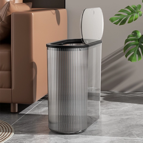 Modern Slim Trash Can PET Transparent Striped Press Pop Up Lid Narrow Waste Bin For Bathroom Kitchen Office
