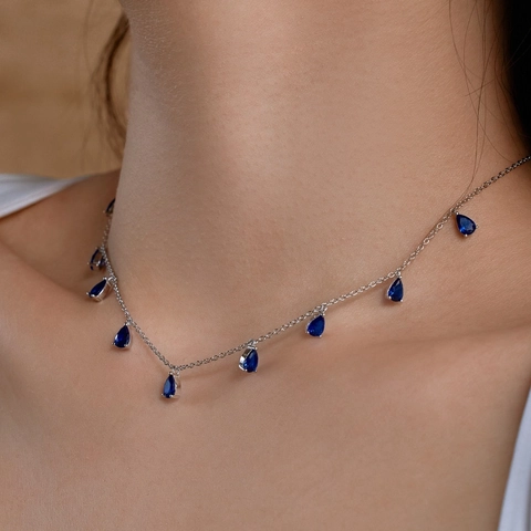 Collar de Plata de Ley 925 con Circonia en Gota de Agua para Mujer Cadena con Piedra de Pera Azul Blanco Verde Joyería