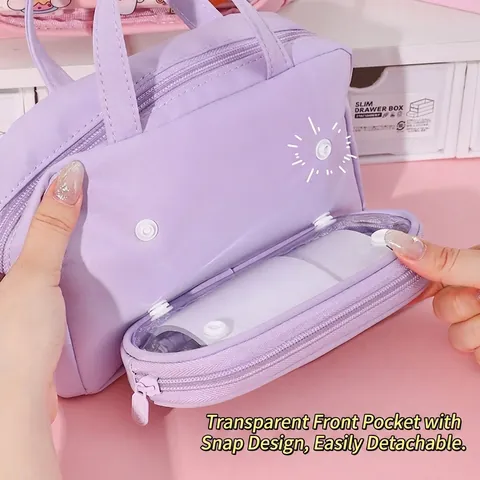 Large Capacity Pencil Case Oxford Cloth Double Compartment Portable Student Stationery Organizer Transparent Window Makeup Bag