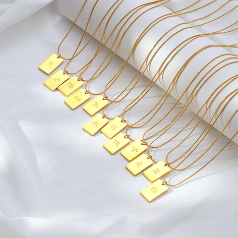 Zodiac Constellation Square Pendant Necklace 304 Stainless Steel Snake Bone Chain Minimalist Fashion Jewelry For Women