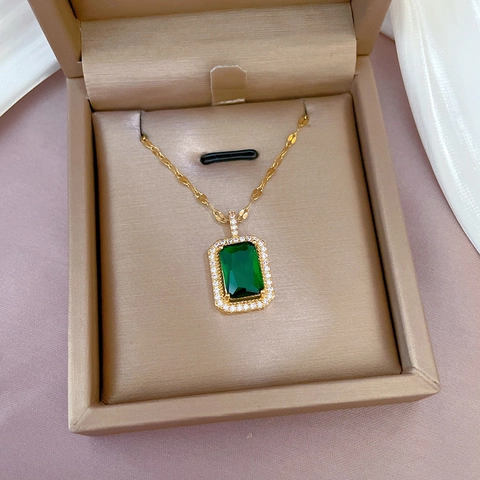 Stainless Steel Necklace Square Emerald Green Gemstone Pendant Copper Gold Plated Micro Inlaid Zircon Luxury Elegant Jewelry Women