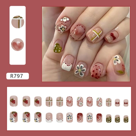 Press On Nails Short Square Round Shape Hand Drawn Cute Summer Graffiti Flower Strawberry Pattern Gingham Design Pink Nude Fake Nails