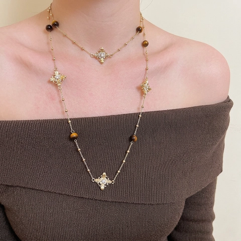 Collana Lunga Per Maglione Vintage Con Ciondoli A Croce Di Rame Perle Occhio Di Tigre E Strass Da Donna