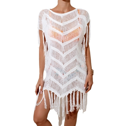 Häkelstrick Strand Cover Up Damen Durchbrochenes Wellenmuster Quasten Kurzarm Sommer Bikini Bademode Weiß