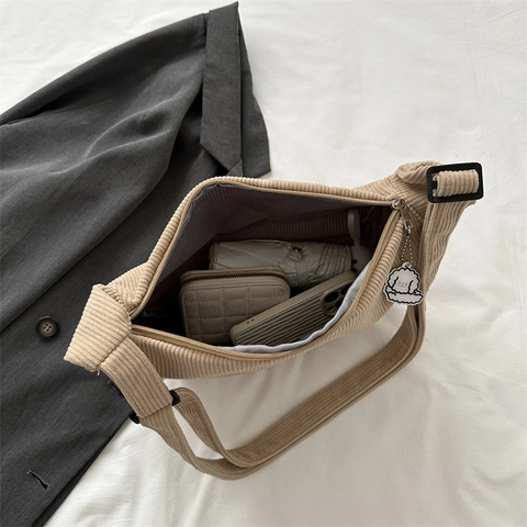 Corduroy Shoulder Bag Dumpling Crossbody Bag For Women With Cartoon Charm Adjustable Strap Japanese Casual Hobo Bag