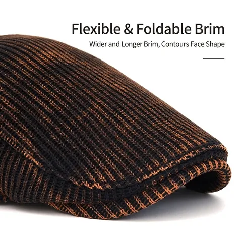 Vintage Knit Ivy Cap For Men Women Ribbed Cotton Flat Hat Retro British Newsboy Cap Foldable Brim Adjustable Winter Warm