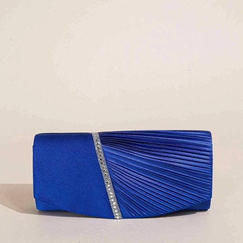 Elegant Rhinestone Pleated Satin Evening Clutch Bag Wedding Party Handbag For Women With Detachable Chain