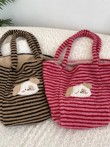 Plush Striped Tote Bag Cartoon Dog Patch Large Capacity Shoulder Handbag For Women Winter Casual Warm