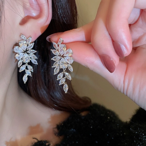 Elegant Leaf Drop Tassel Earrings With Zircon Inlay And 925 Sterling Silver Earring Post For Women