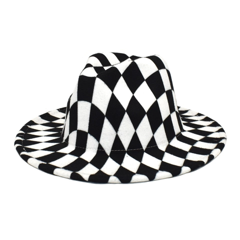 Cappello Fedora A Scacchi Feltro Di Lana Tesa Larga Jazz Cap Vintage Motivo A Rombi Unisex Alla Moda