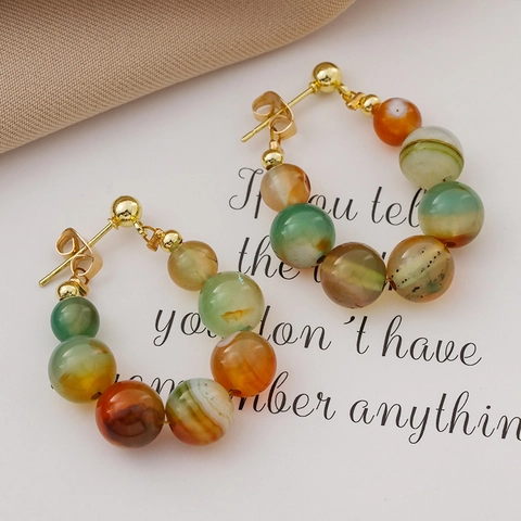 Vintage Multi-Color Natural Stone Agate Beaded Hoop Stud Earrings For Women Retro Bohemian Light Luxury Style Accessory