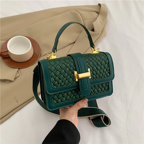 Woven Texture PU Leather Shoulder Crossbody Bag With Wide Strap Decorative Metal Buckle Retro Style For Women
