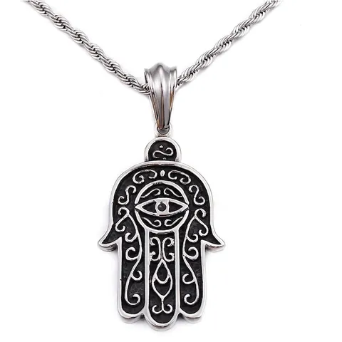 Hamsa Hand Pendant Stainless Steel Evil Eye Hollow Filigree Vintage Retro Punk Gothic Men Jewelry Silver Color