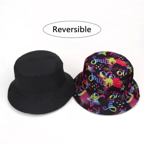 Reversible Bucket Hat Polyester Skull Graffiti Print Sun Protection Wide Brim Hip Hop Streetwear For Men Women