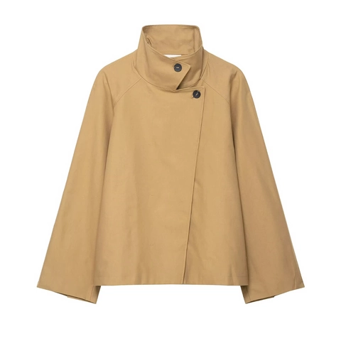 Gabardina Corta De Mujer Caqui Cuello Alzado Botón Único Color Sólido Poliéster Chaqueta Casual De Moda