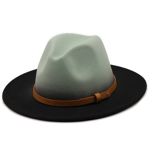 Wide Brim Fedora Hat Gradient Bi-Color Wool Felt Jazz Hat Vintage British Style With Leather Band For Men And Women