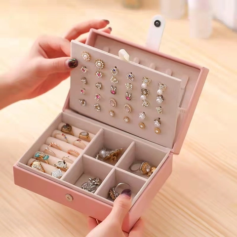 Joyero Portátil de Cuero PU Mini Organizador de Joyas de Viaje Para Pendientes Anillos Collares Caja de Almacenamiento de Doble Capa