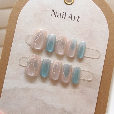 Cat Eye Press On Nägel Gradient Mermaid Kurz Eckig Rund Falsche Nägel Mit Flammenmuster Für Frauen Süß Ins Stil