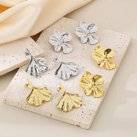 Pendientes de Botón de Acero de Titanio con Hoja de Ginkgo y Flor para Mujer Moda Pendientes de Metal Oro Plata