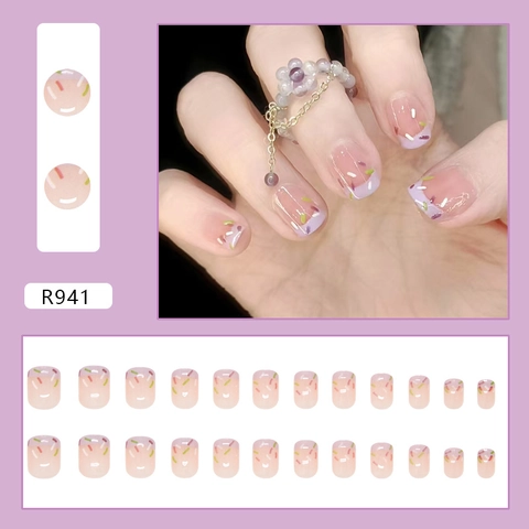 Lavender French Style Press On Nails Short Square Fake Nails With Candy Color Pattern Sweet Artificial Fingernails