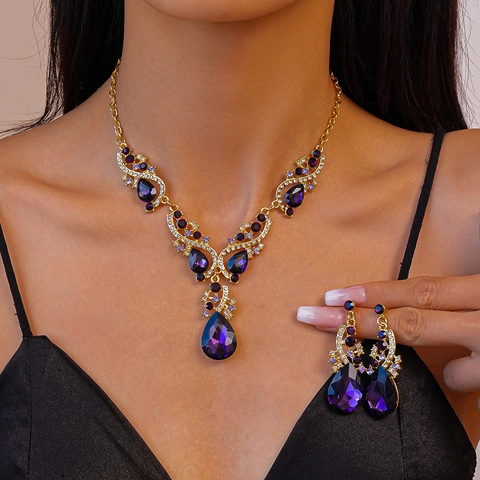 Parure De Bijoux Luxe Cristal Goutte Violette Cuivre Strass Style Palais Collier Et Boucles D'oreilles Pour Femmes