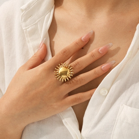 Sun Flower Rings For Women Stainless Steel 18K Gold Plated Adjustable Open Sunburst Mother Of Artificial Pearl Rhinestone Jewelry
