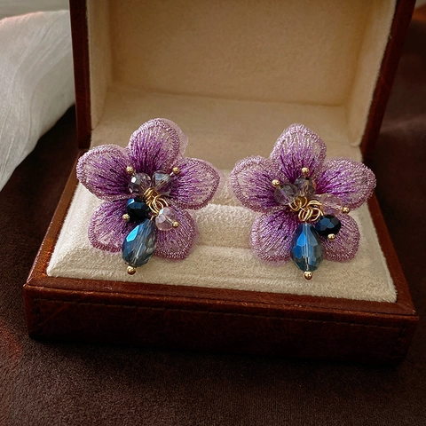 Elegant Purple Embroidery Fabric Flower Stud Earrings With Silver Earring Post Artificial Crystal Bead Decor For Women