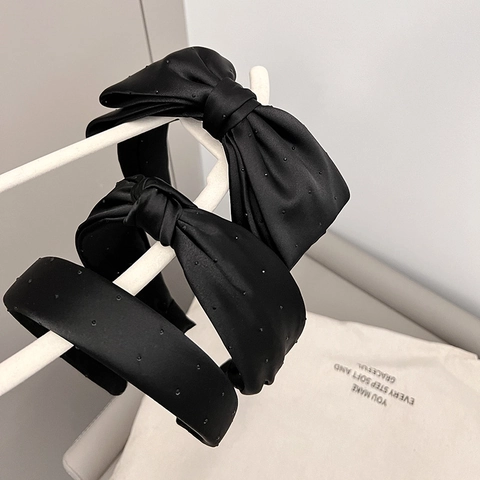 Cerchietto Largo In Raso Nero Annodato Decorazione In Strass A Pois Elegante Accessorio Per Capelli Da Donna