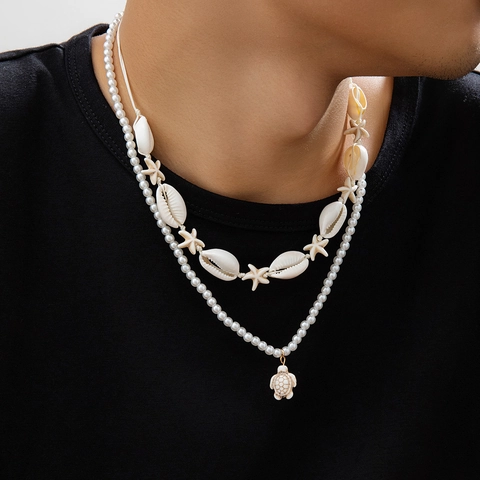 Double Layer Necklace Faux Artificial Pearl Shell Alloy Turtle Starfish Pendants Beach Bohemian Handmade Jewelry For Men Women