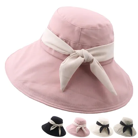 Women Wide Brim Sun Hat Acrylic Breathable Foldable Bucket Hat With Bow Decor Elegant Summer Outdoor Adjustable