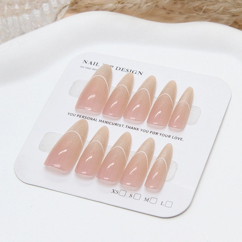 Handgefertigte Press-On Nägel Lange Mandel Katzenauge Farbverlauf Nude Pink ABS Französischer Stil Für Frauen