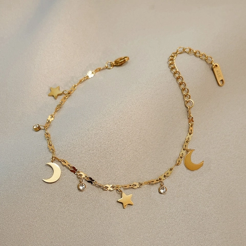 Tobillera De Acero De Titanio Con Colgante De Estrella Y Luna Para Mujer Sexy Moda Cadena De Pie Con Diamantes De Imitación