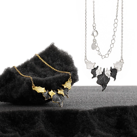 Collana con Ciondolo a Foglia Irregolare in Argento Sterling S925 per Donna Catena a Clavicola Placcata Nero Oro Argento