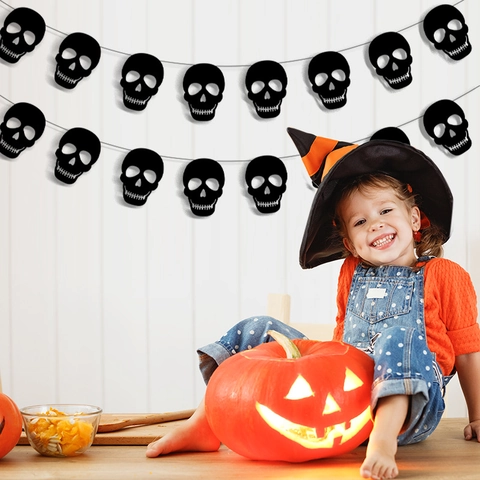 Banner Teschio Halloween Ghirlanda Decorazione Festa Spaventosa Carta Nera Cavo Pendente Sospeso Oggetti Di Scena