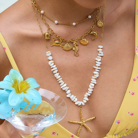 Collier En Acier Inoxydable Sur Le Thème De L'océan Avec Perles D'eau Douce Pendentif Étoile De Mer Bijoux De Plage
