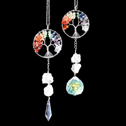 Crystal Tree Of Life Hanging Ornament With Multi Color Crushed Stones And White Crystal Raw Stone Prism Pendant Handmade