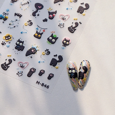 Autocollants Ongles 3D En Relief Chat Noir Dessin Animé Motif Cœur Étoile Décoration Art Manucure Auto-adhésive
