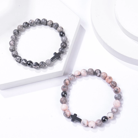 Natural Stone Beaded Bracelet With Alloy Cross Charm Round Beads Elastic Christian Religious Jewelry Gift Card