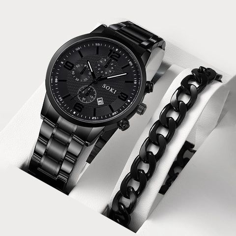Men's Quartz Watch And Cuban Chain Bracelet Alloy Case Stainless Steel Band Calendar Business Multi-Functional Wristwatch