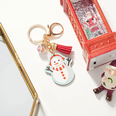 Snowman Keychain Christmas Wood Acrylic Alloy Tassel Sequin Ball Bag Pendant Holiday Gift Cute Cartoon Ornament