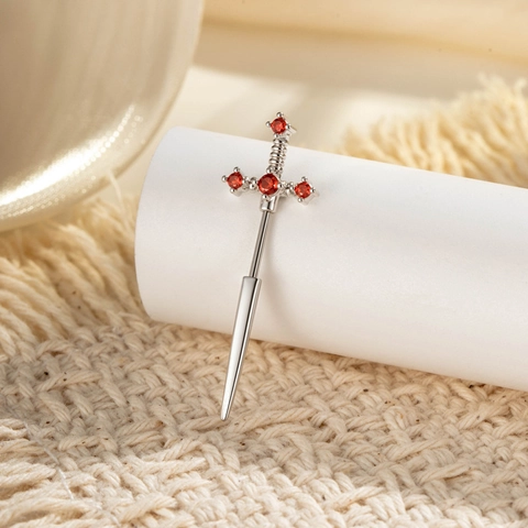 Sword Shaped Cross Cartilage Stud Earring Titanium Steel Copper Red Zircon Screw Back Helix Piercing Gothic Jewelry