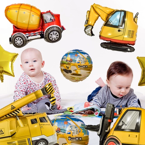 Palloncini Veicoli Da Costruzione Film Di Alluminio Tema Camion Decorazione Festa Di Compleanno Bambini Escavatore Gru