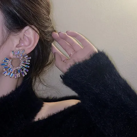 Exaggerated Starburst Drop Earrings Alloy AB Multicolored Rhinestones With Silver Earring Post Retro Party Evening
