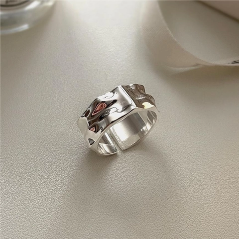 925 Sterling Silber Ring Unregelmäßige Lava Textur Offen Verstellbar Minimalistisch Geometrischer Fingerschmuck Für Frauen