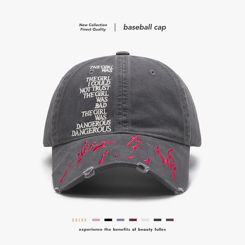 Casquette De Baseball En Coton Broderie Lettres Déchirée Visière Courbée Rétro Streetwear Ajustable