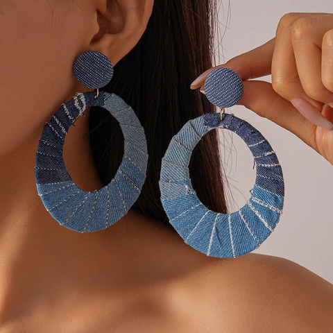 Ovale Hoop Oorbellen Denim Stof Patchwork Ontwerp Legering Sieraden Met 925 Sterling Zilveren Oorsteker Retro Boho