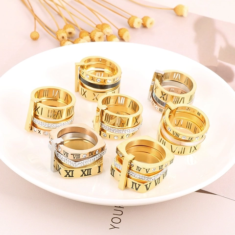 Bague Multi Couches Chiffres Romains Acier Inoxydable Plqué Or 18K Avec Zircon Coquillage Pour Femmes Style Boho