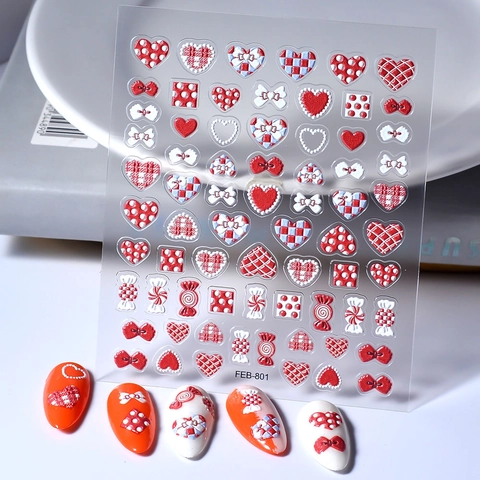 5D Embossed Nail Stickers Heart Bow Pattern Self Adhesive 3D Manicure Decoration DIY Sweet Style Dopamine Color Waterproof